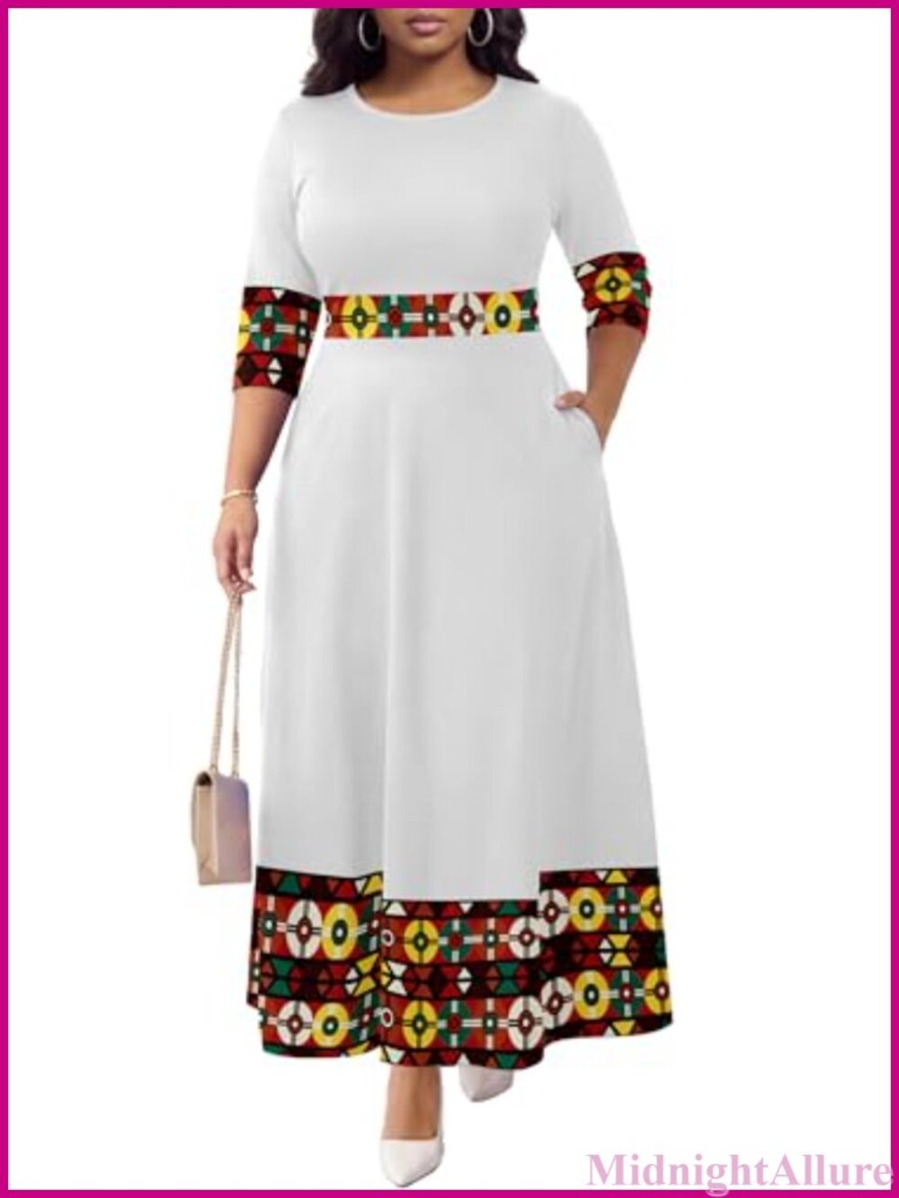 Women's Maxi Dress 3/4 Sleeve Round Neck African Print Pockets A-Line